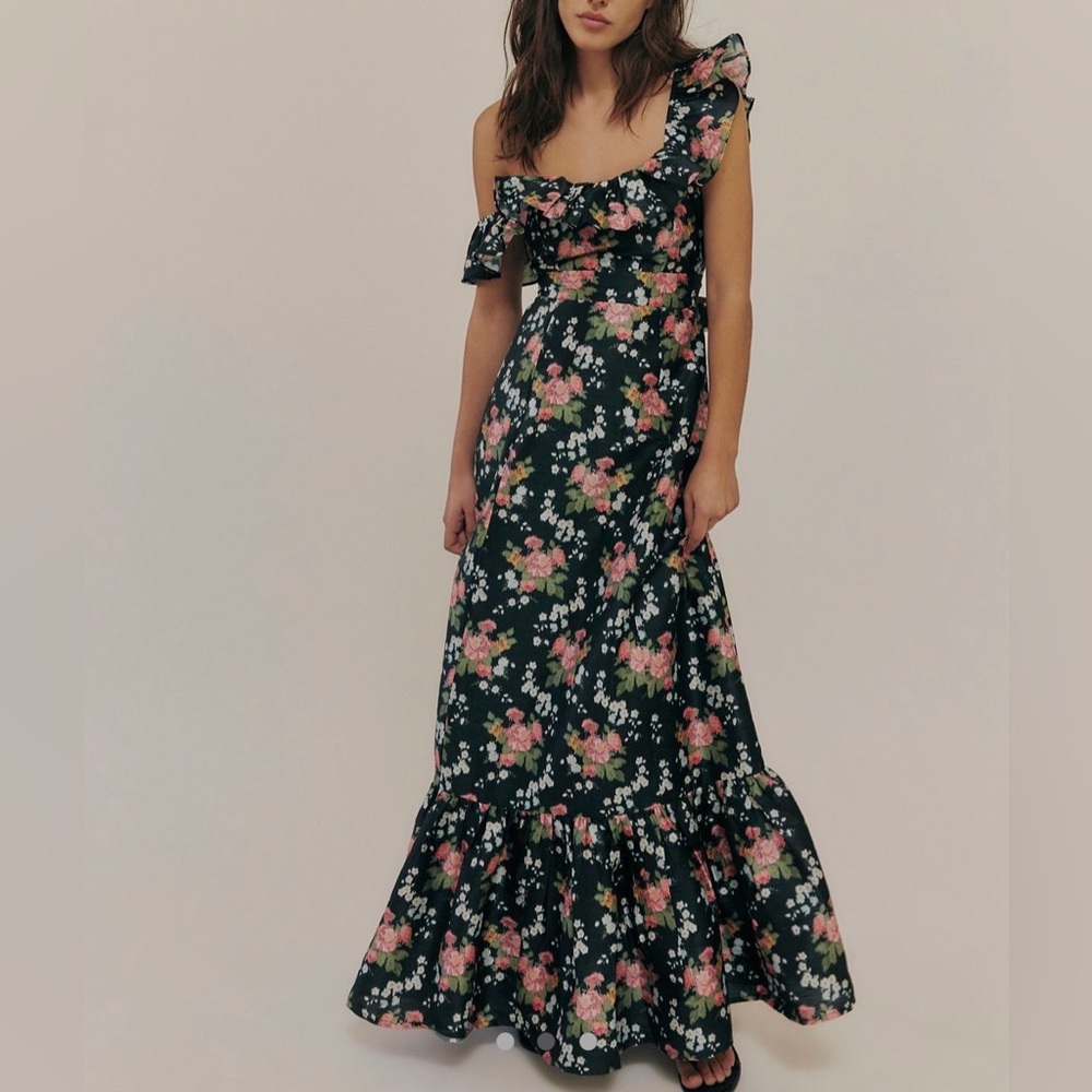 Off the Shoulder Black Floral Maxi Dress with Pink Accents